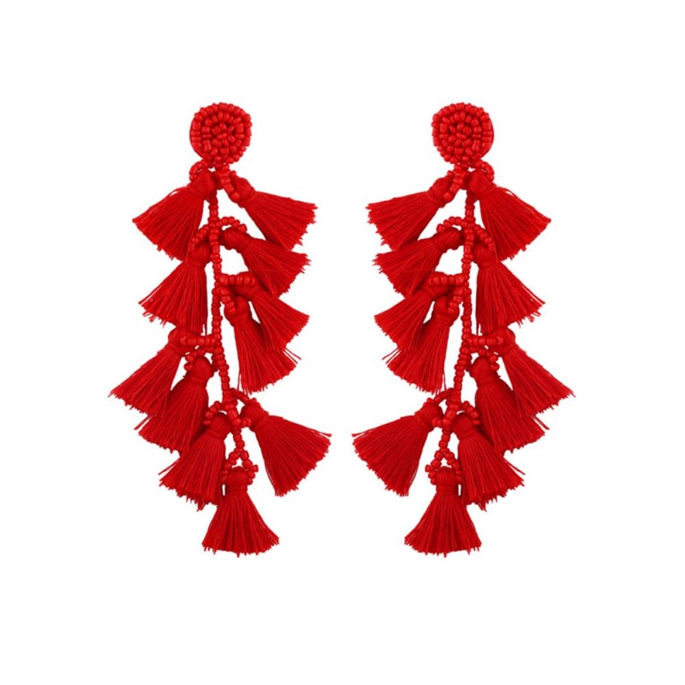 Long Red Tassel Earrings - Picture 2 of 2